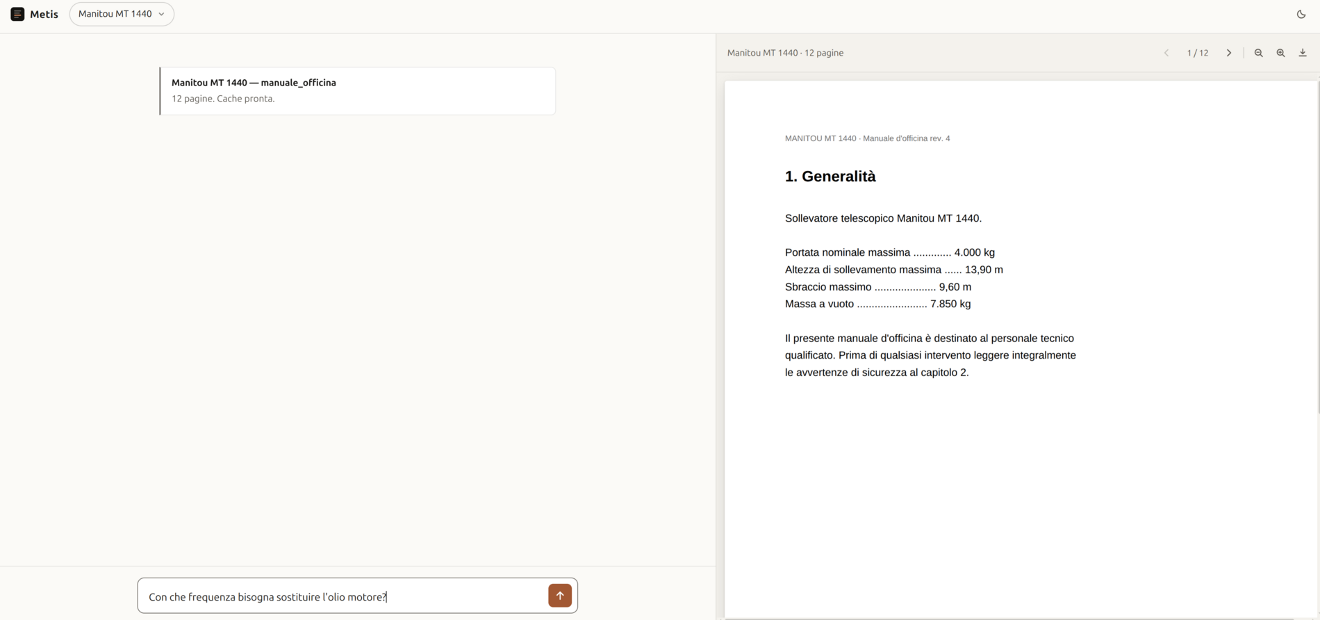 A technical manual loaded into Metis, ready for a question