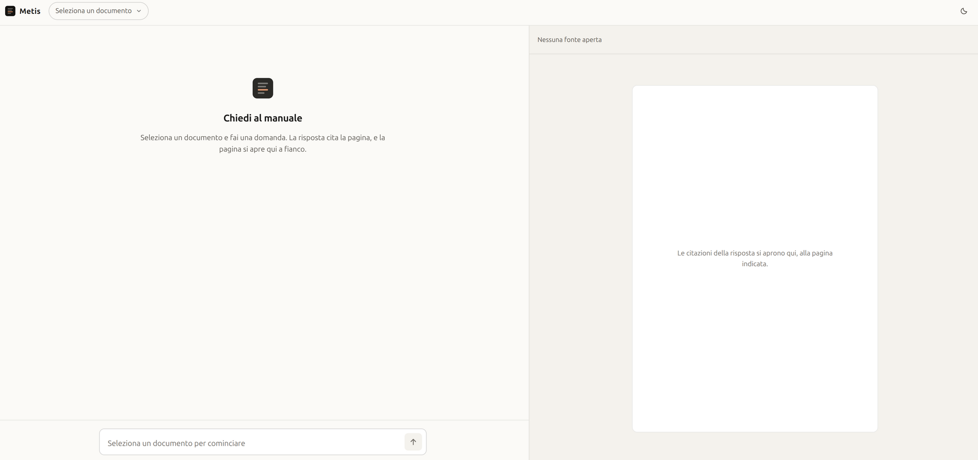 Metis's starting screen, ready for a document and a question