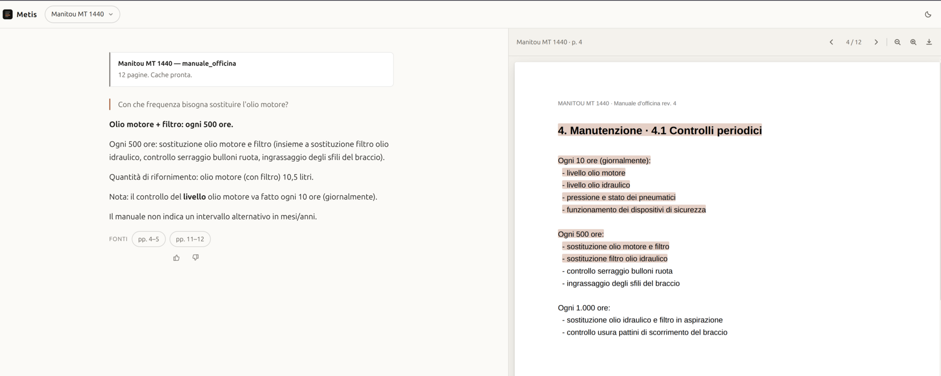 Metis answering a technical question with a clickable, page-accurate citation