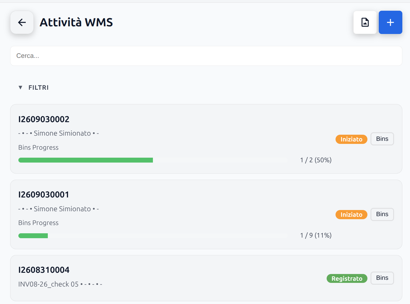 List of Aptagram WMS inventory activities, each showing its own live bins-progress bar and percentage