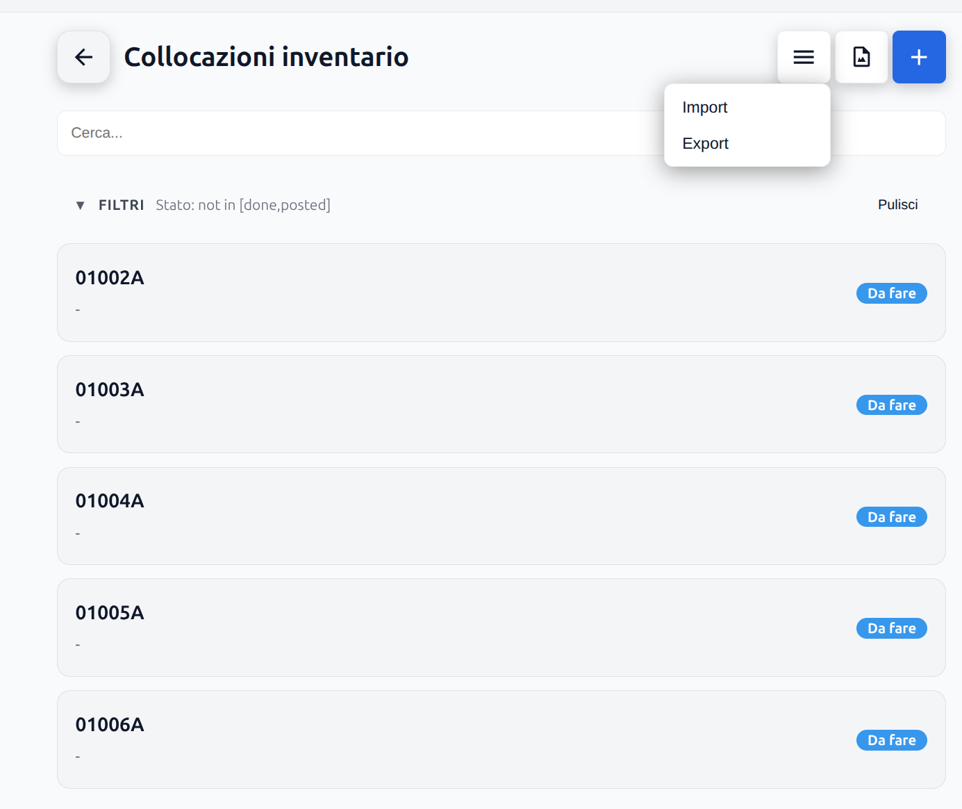 Aptagram WMS inventory locations screen, listing individual bin-count tasks pulled into scope