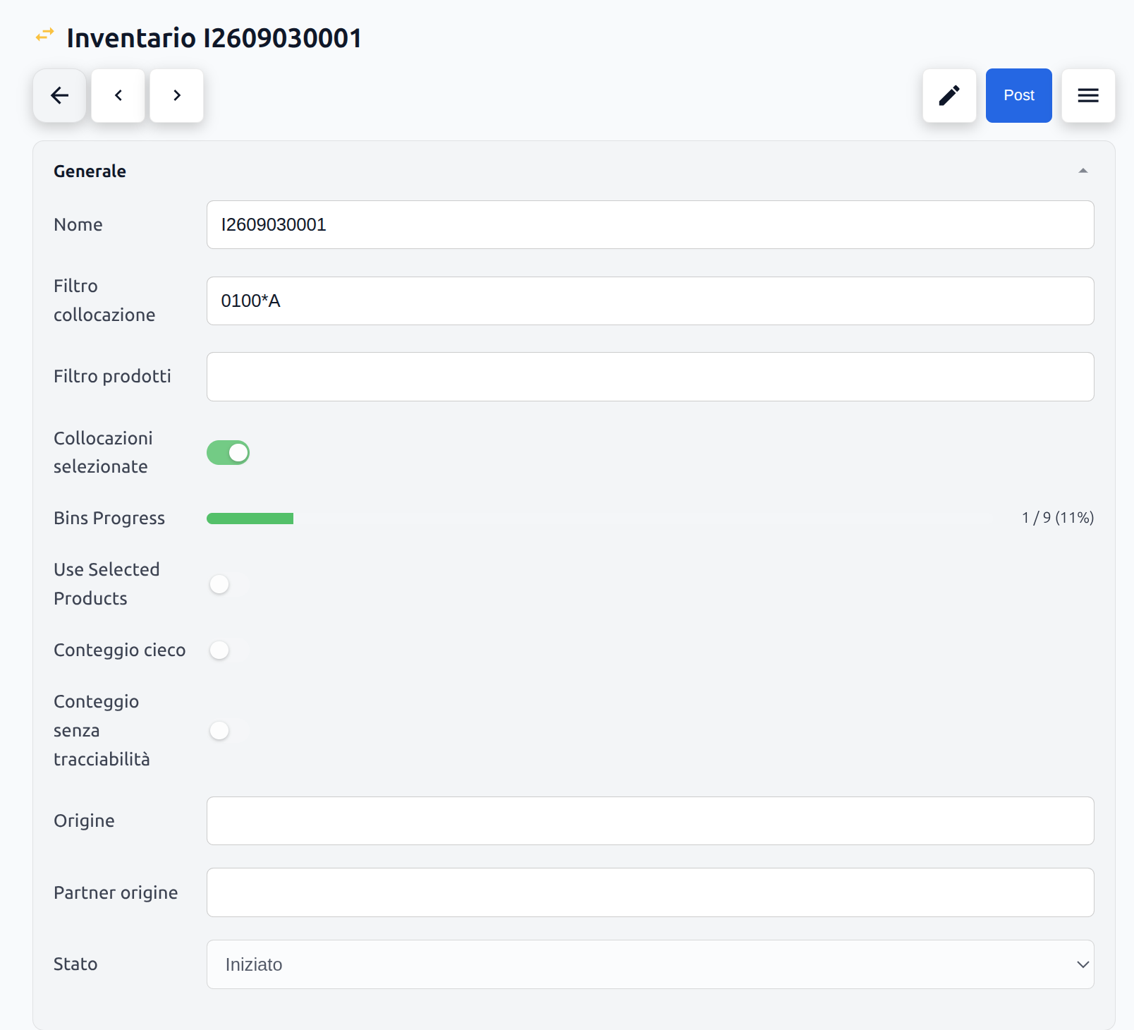Aptagram WMS inventory count setup screen, with a live bins-progress bar alongside the location and product scope filters